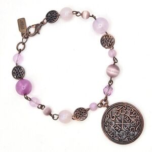 1928 Jewelry Purple Pink Cats Eye Beaded Filigree Charm Bracelet Copper Tone